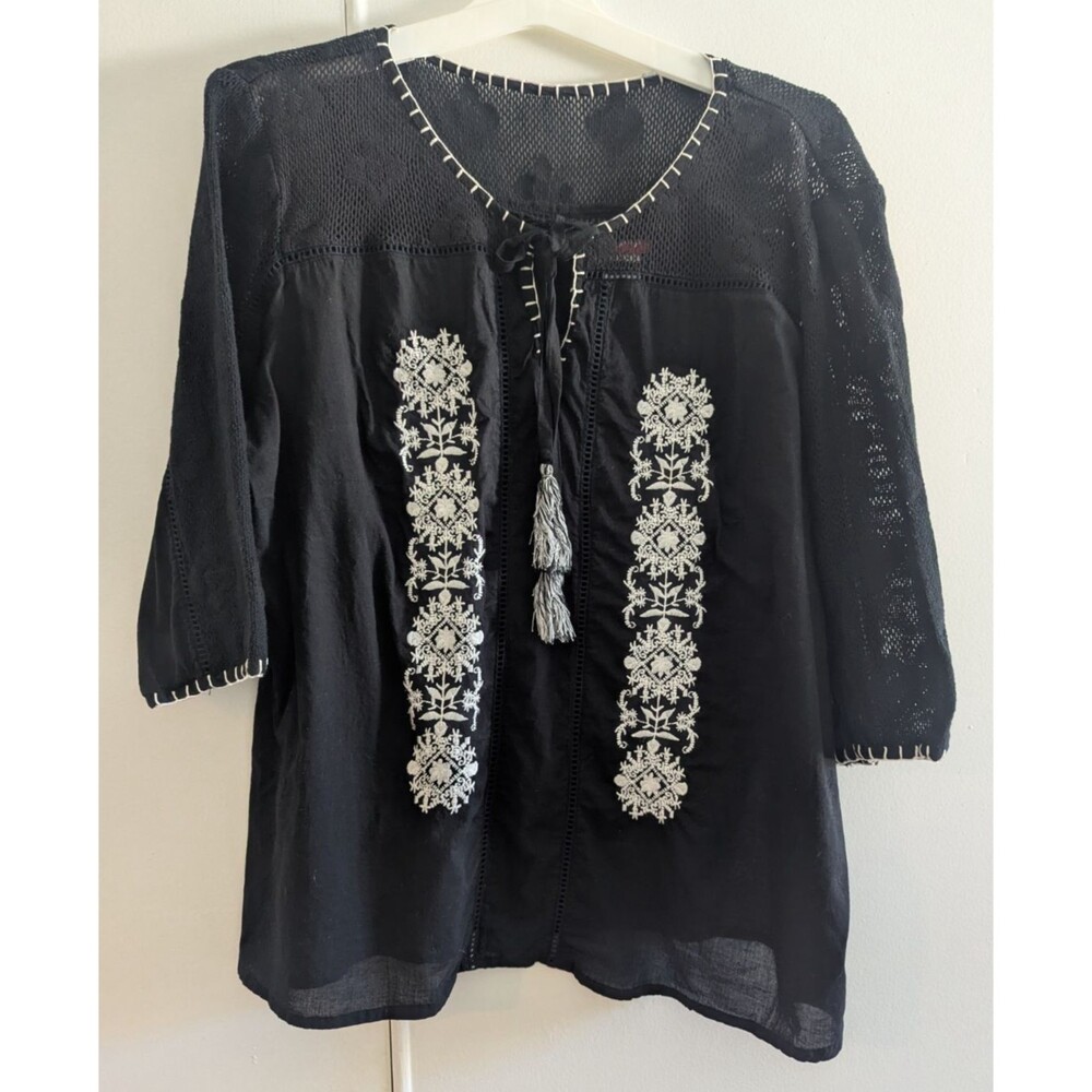 JACKPOT Womens Black White Embroidered Peasant Blouse Boho Top Sz XL cotton chic